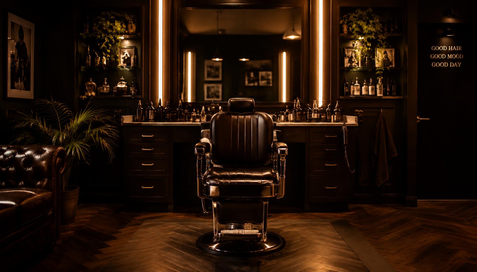 Interno del salone Barber Noir con poltrona in pelle